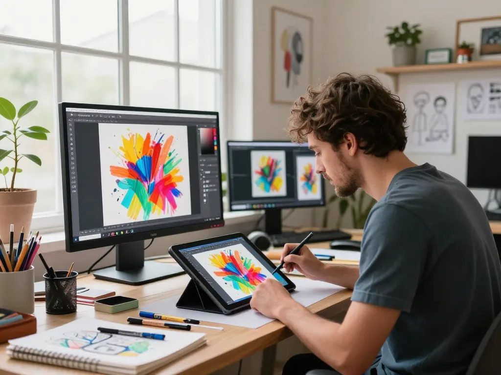 Artist using nano banana AI editor in a vibrant studio filled with art supplies and digital screens.