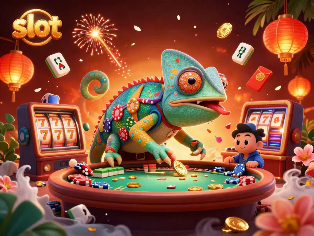 Experience the thrill of slot games with a dynamic, colorful casino scene featuring engaging characters.