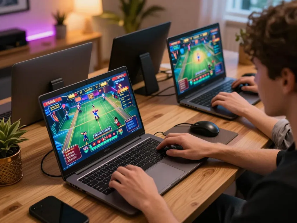 Engaging online gaming moment as players truy cập LUCK8 and enjoy diverse games on laptop, cozy atmosphere.