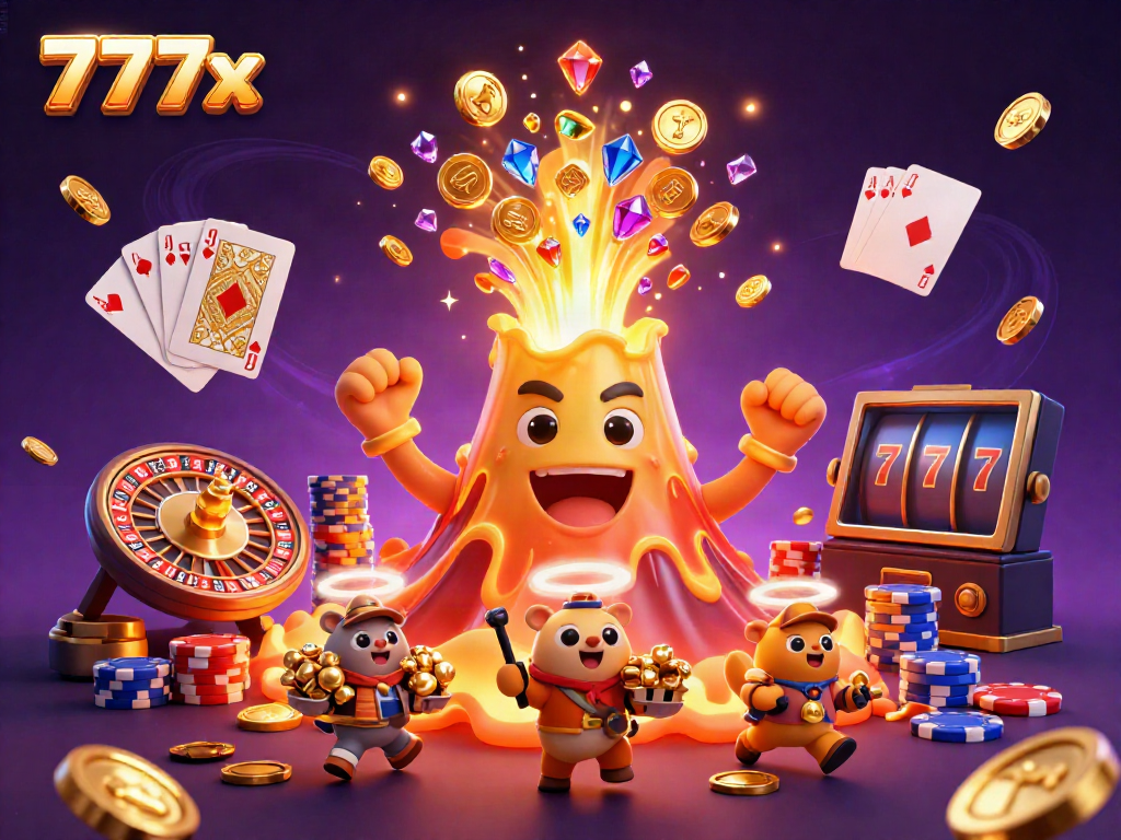 Experience the excitement at 777x as a golden volcano erupts with coins and treasures, surrounded by dynamic casino elements.