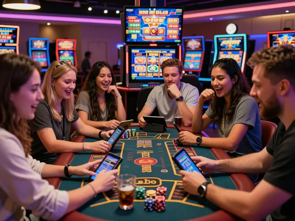 Excited friends enjoying slot gacor hari ini in a lively casino atmosphere with colorful machines and table games.