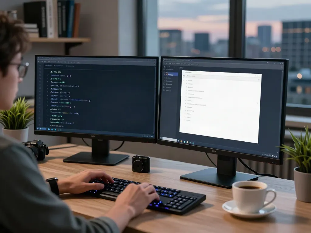 Researcher analyzing the hidden wiki on dual monitors in a modern workspace, focusing on dark web safety.