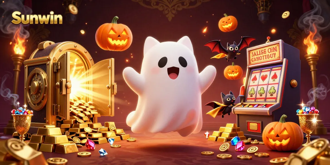 Experience thrilling action at Sunwin with a ghost cat and vampire bat amidst dazzling casino treasures.