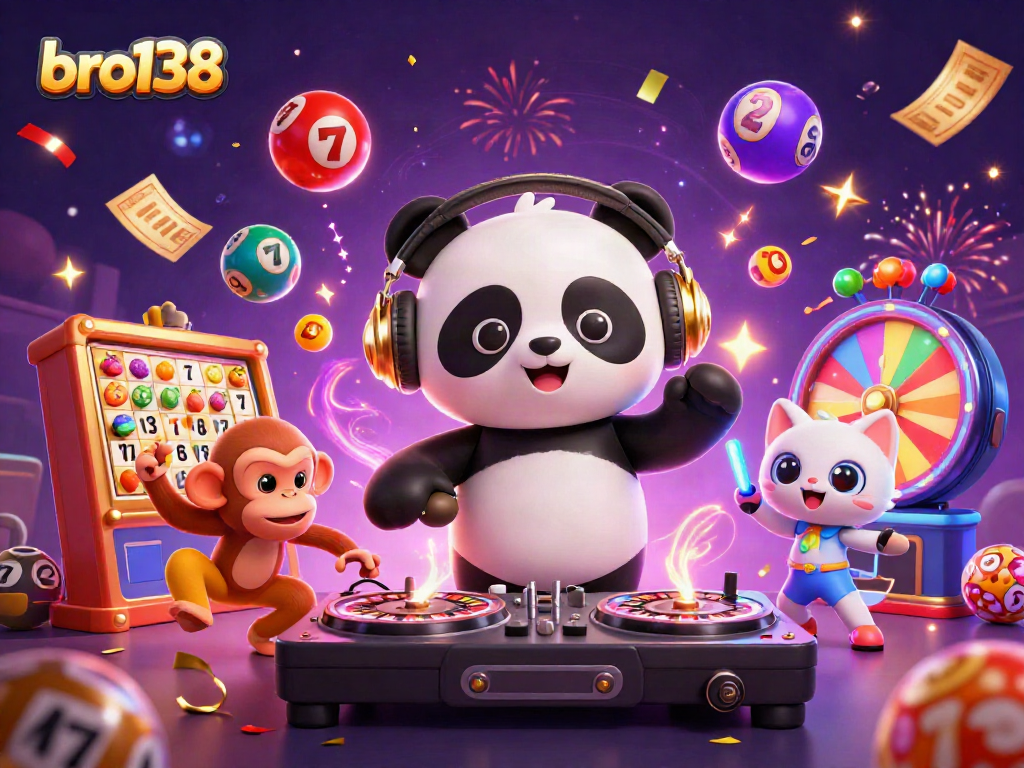 Experience bro138’s vibrant casino scene with a DJ panda spinning roulette, lively characters, and jackpot elements.
