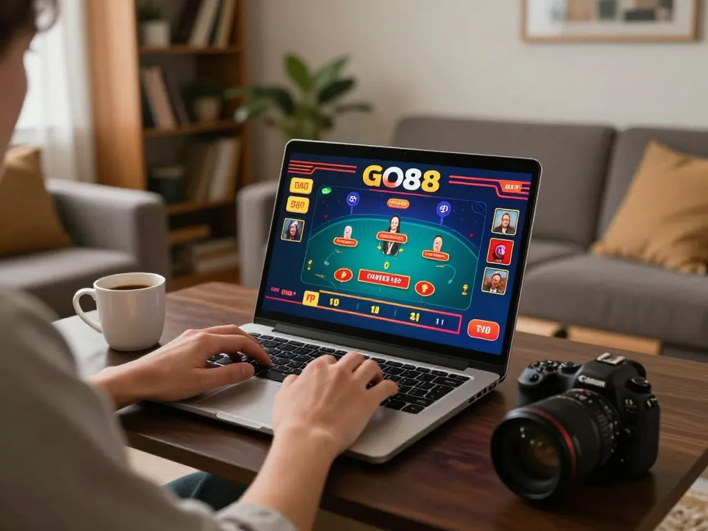 Player enjoying the GO88 online casino experience on a laptop at home, showcasing live dealer gameplay and a cozy atmosphere.