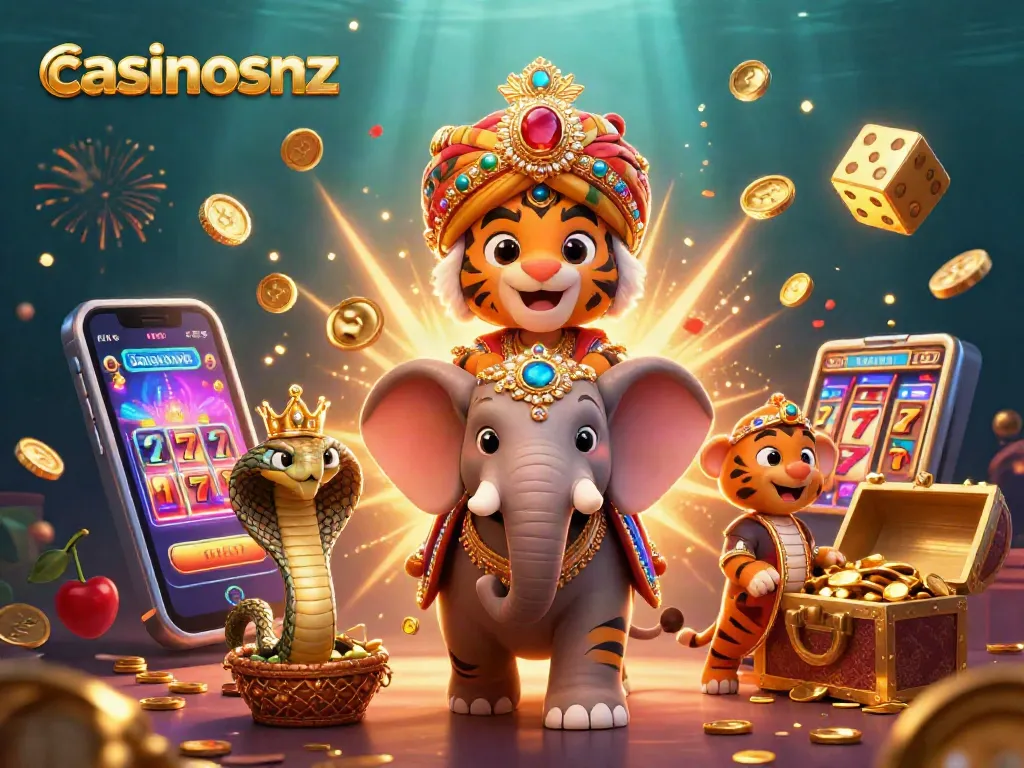 Win big at casinosnz with a vibrant scene featuring a maharaja tiger, elephant, and slot machine bursting with treasures.
