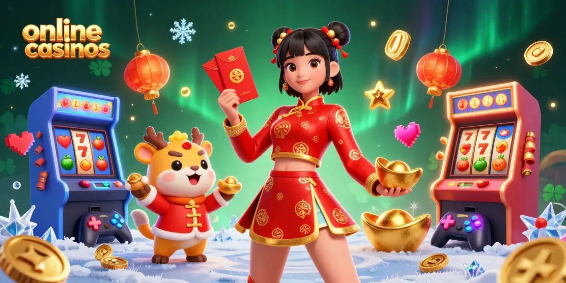 Engage with online casinos through vibrant 3D illustration showcasing slots, jackpots, and festive elements.