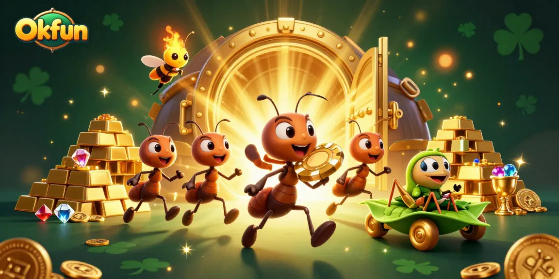 Experience Okfun's thrill with animated ants stealing a giant poker chip in this dynamic casino illustration.