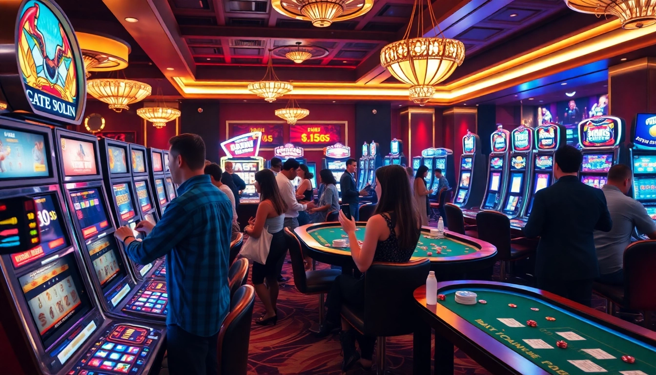Siting at the slot machines for huge wins on situs slot gacor, colorful lights illuminating the casino.