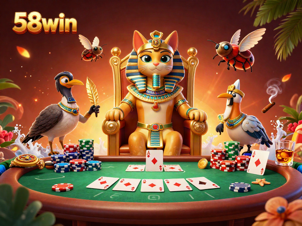 Engage with 58win in this vibrant scene featuring poker and Egyptian-themed characters.