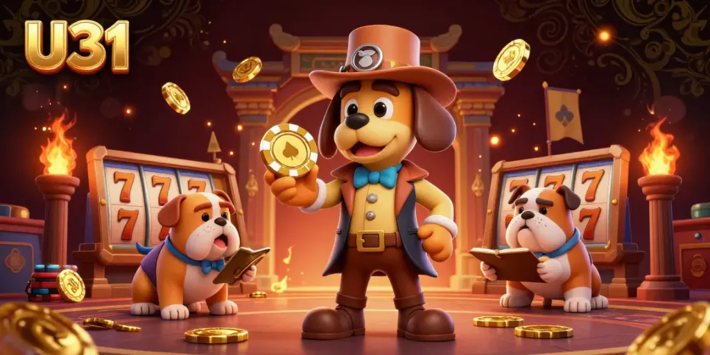 Engage with U31's thrilling casino experience through this vibrant 3D illustration showcasing a detective duo amidst golden poker chips and slot elements.