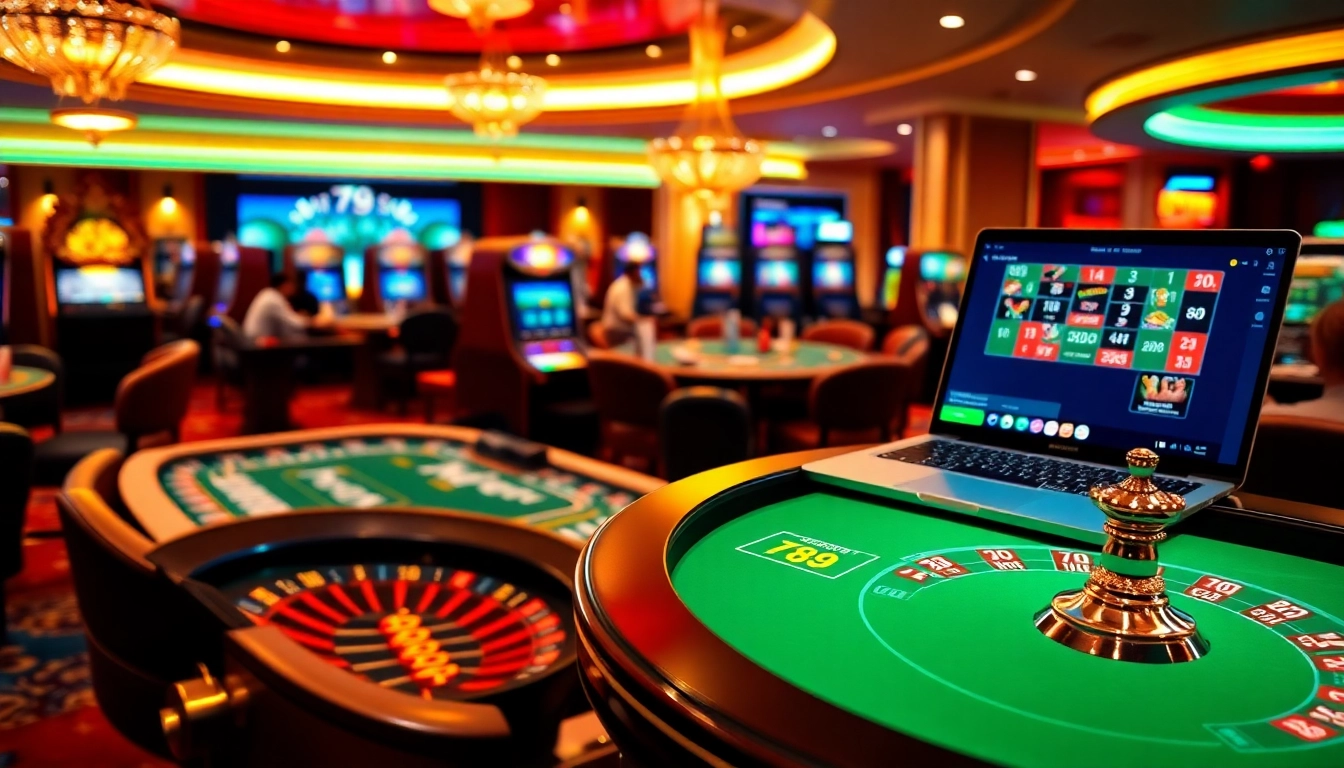 Exciting casino scene illustrating players enjoying poker and vibrant 789 win slot machines.
