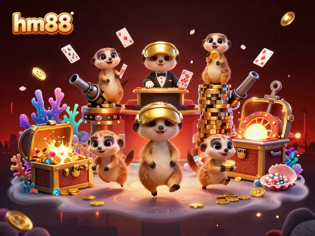 Experience the excitement of hm88 at this colorful casino scene with playful meerkats and treasure elements.
