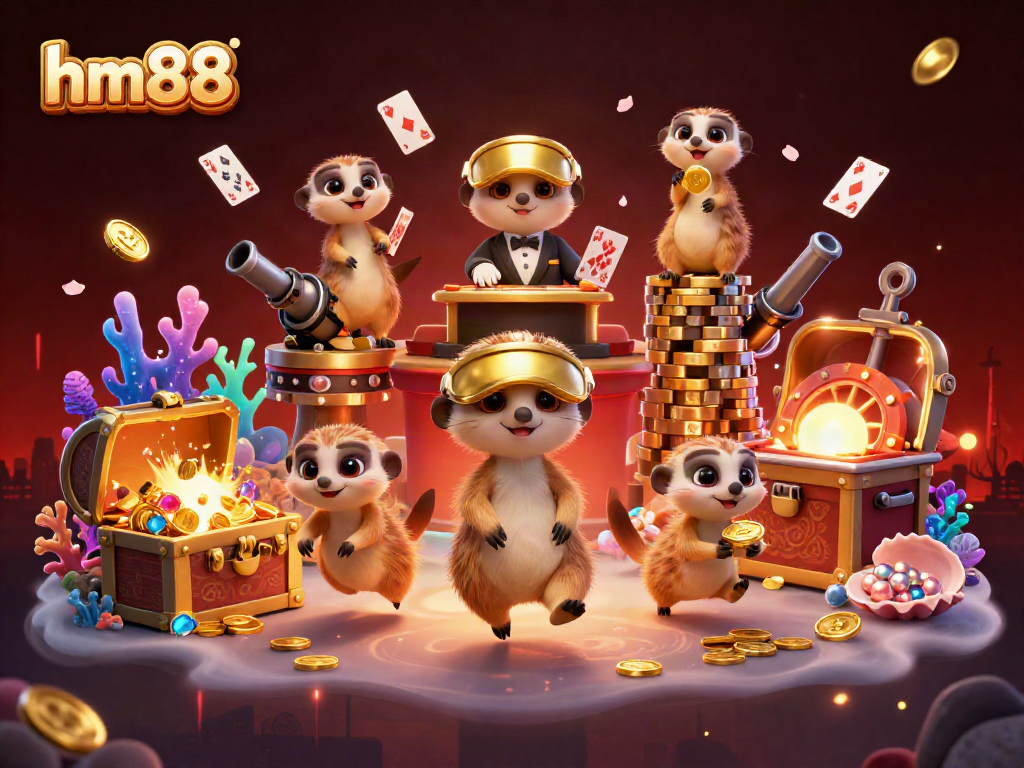 Experience the excitement of hm88 at this colorful casino scene with playful meerkats and treasure elements.