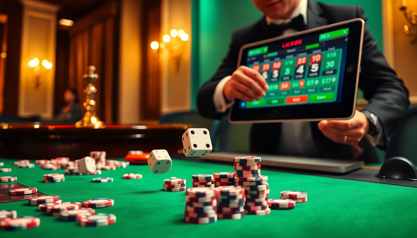 Engaging online gambling scene featuring LC88's casino table, poker chips, and a roulette wheel.