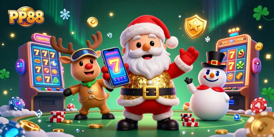 Engage with PP88's vibrant casino experience featuring Santa and friends celebrating slot machines and jackpots.