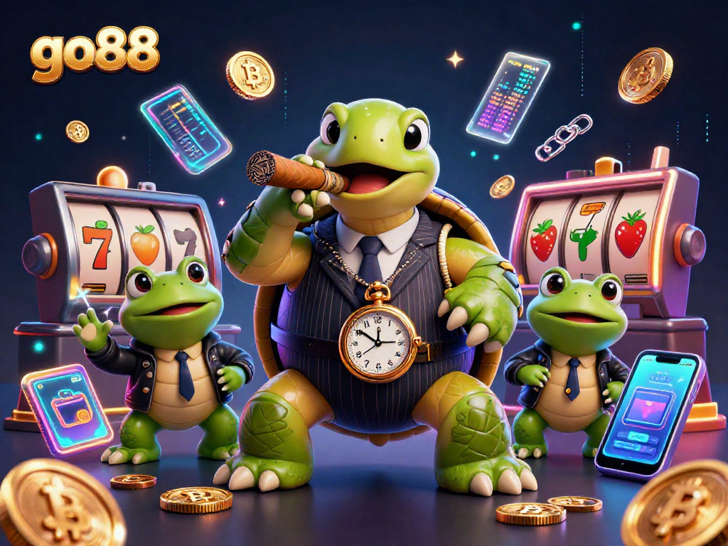 Win big at go88 with a vibrant illustration of a snapping turtle and bullfrog enforcers in a dynamic casino scene.