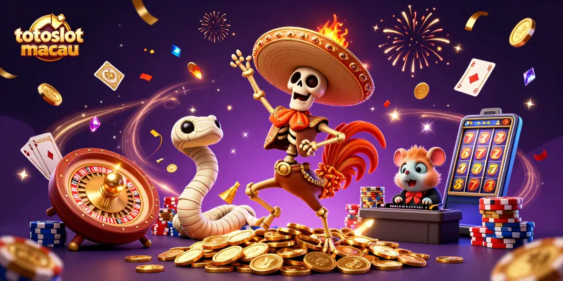 Experience the excitement of gambling with totoslotmacau as vibrant characters celebrate amid cascading jackpots and festive elements.