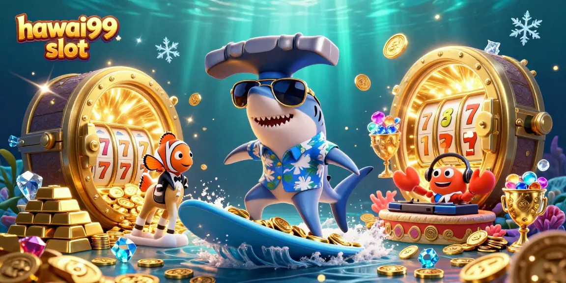 Surf the hawai99 slot wave with vibrant characters and sparkling treasures in this 3D casino illustration.