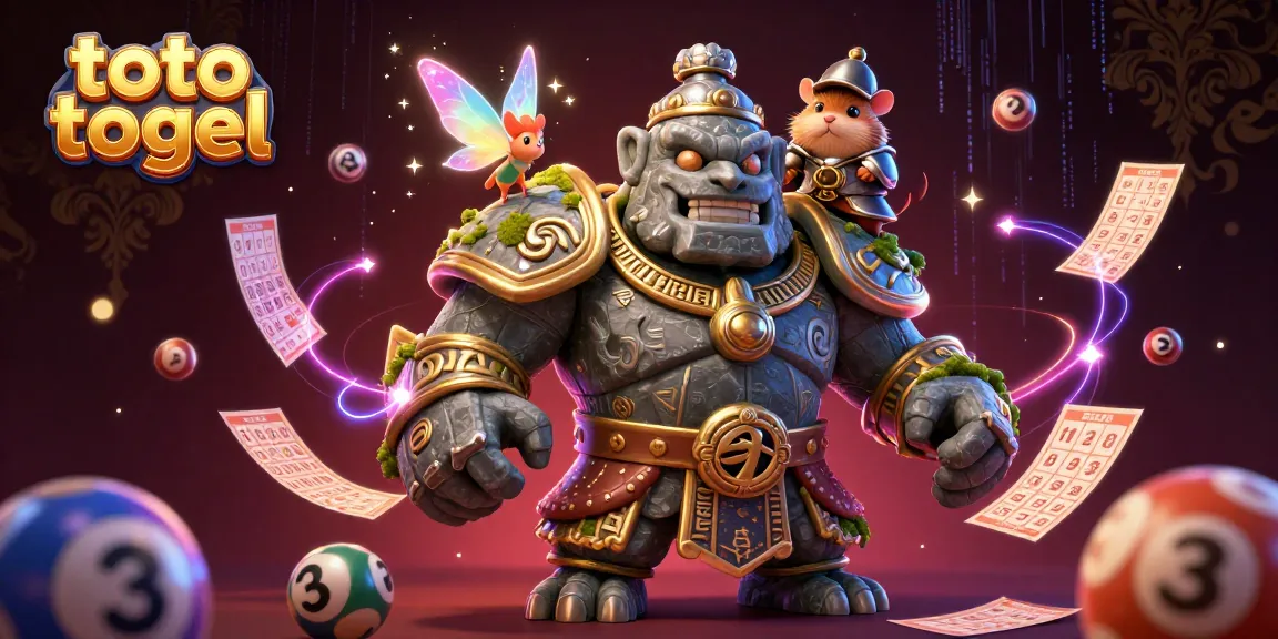 Experience the magical world of toto togel with a golem guardian, fairy, and knight in a rich gambling scene.