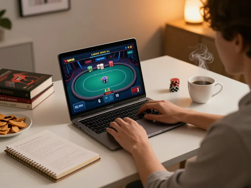 Player engaging in online poker at home, enjoying strategic gaming experience with Jun88 platform