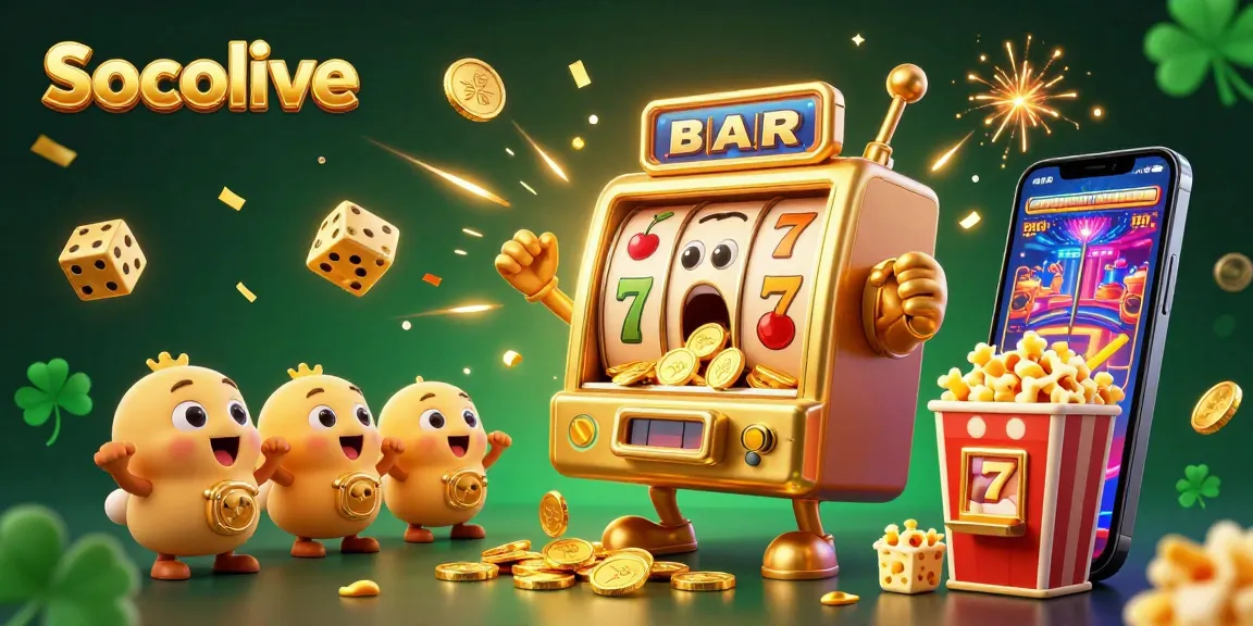 Socolive showcases an exciting jackpot scene with a golden slot machine and cheering characters for a thrilling gambling experience.
