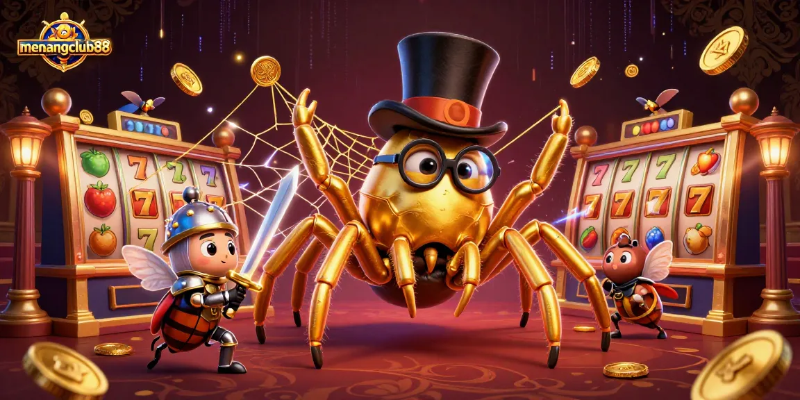 Engage in exciting wins at menangclub88 with golden tarantula and brave beetle knight in an epic casino scene.