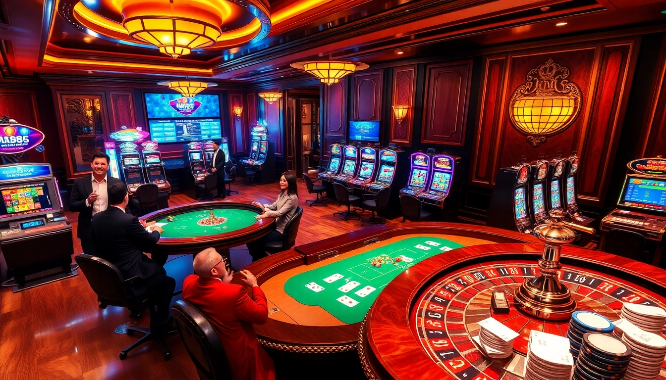 Experience the excitement of MM88 at a luxurious casino with poker tables and flashing slot machines.