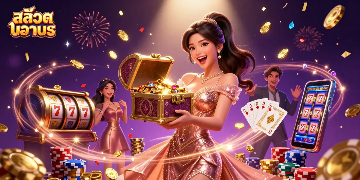 Experience สล็อตทดลอง as coins and gems overflow from a treasure chest in this vibrant casino scene.