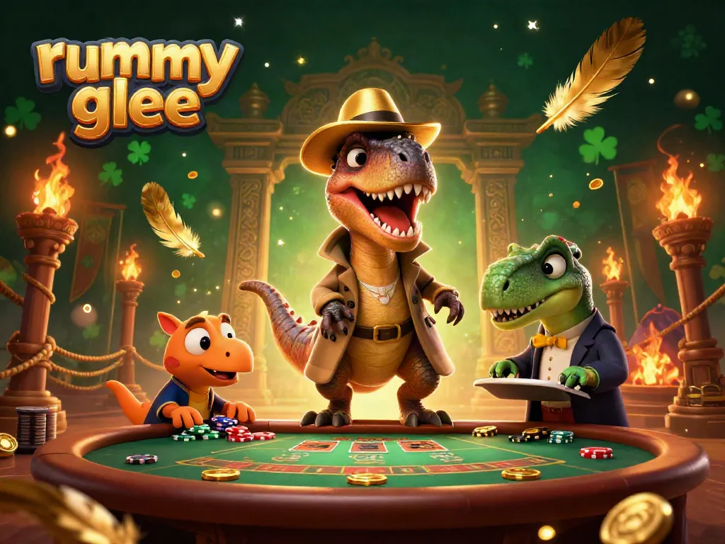 Gambaran rummy glee dengan velociraptor dan stegosaurus di meja blackjack, penuh kemewahan.