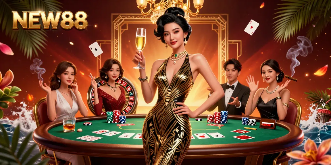 Experience gaming at NEW88 with a glamorous Asian woman celebrating a casino win.