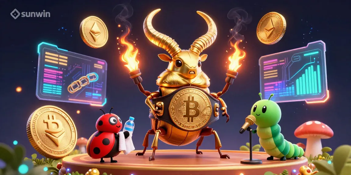 Experience the thrill of sunwin with vibrant 3D characters and glowing crypto elements in this exciting gaming illustration.