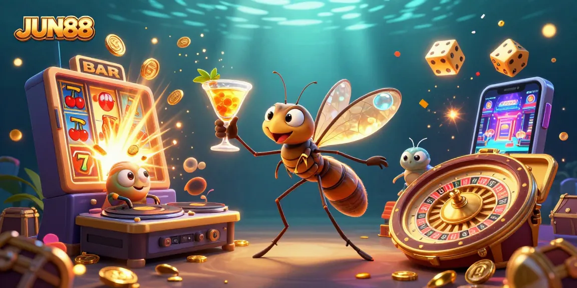 Experience thrilling gameplay with JUN88 as casino characters engage with dynamic slots and roulette.