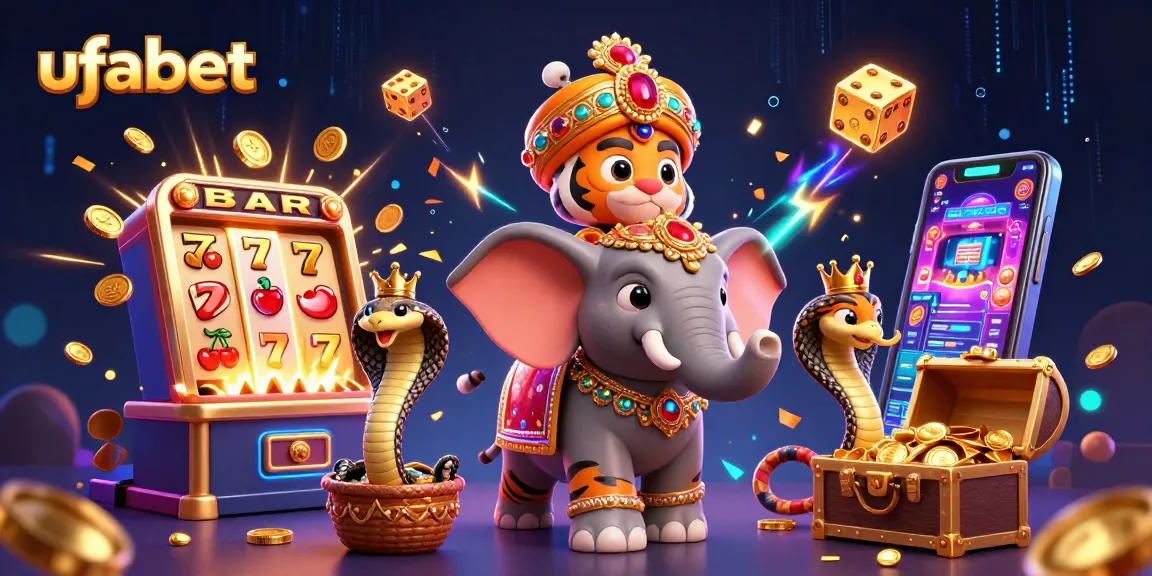 Spin the ufabet jackpot with a colorful 3D casino scene featuring slots and a regal tiger.