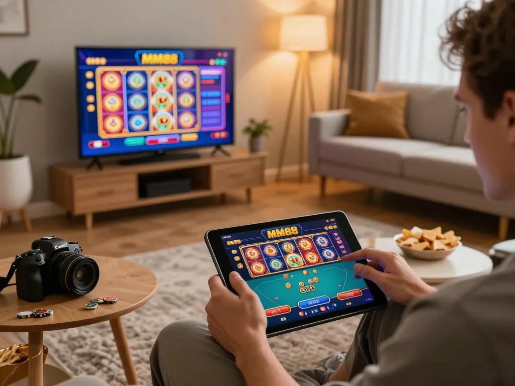 Player enjoying MM88 online gaming on a tablet in a cozy home setting with warm ambient lighting