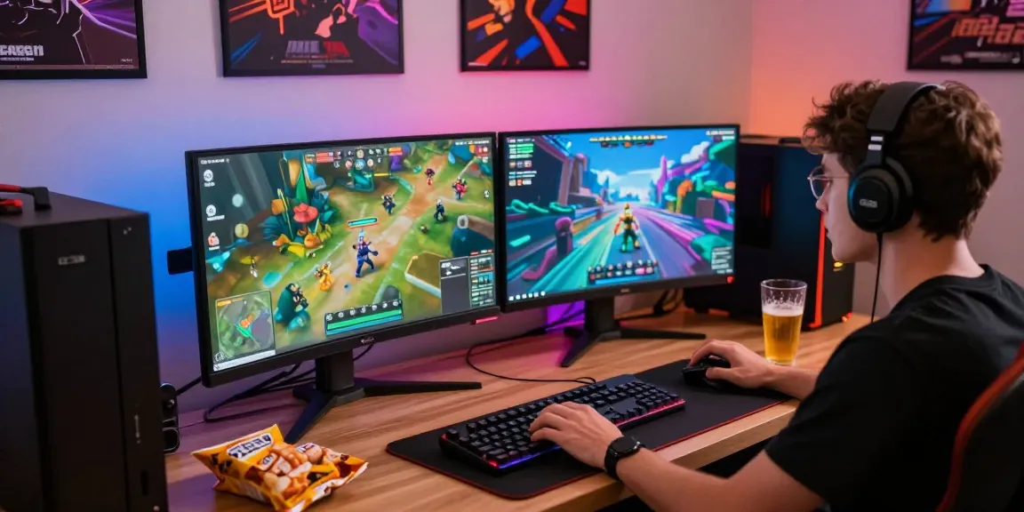Engaging gaming experience with iwin on dual monitors, vibrant room, and snacks.