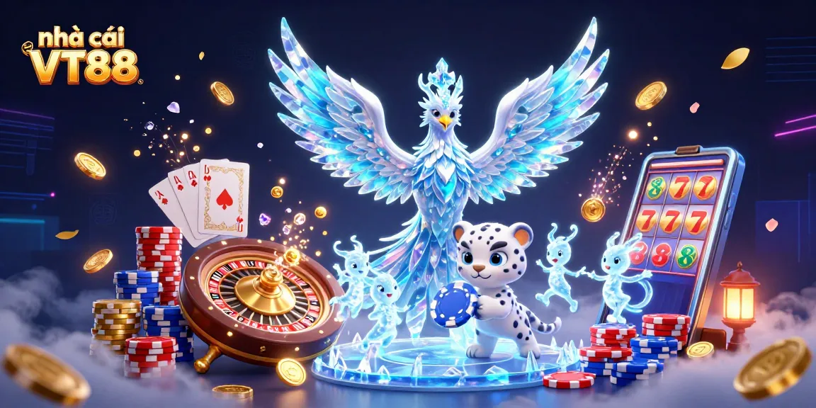 Engage with nhà cái VT88 through a vibrant 3D casino illustration filled with winning symbols and excitement.