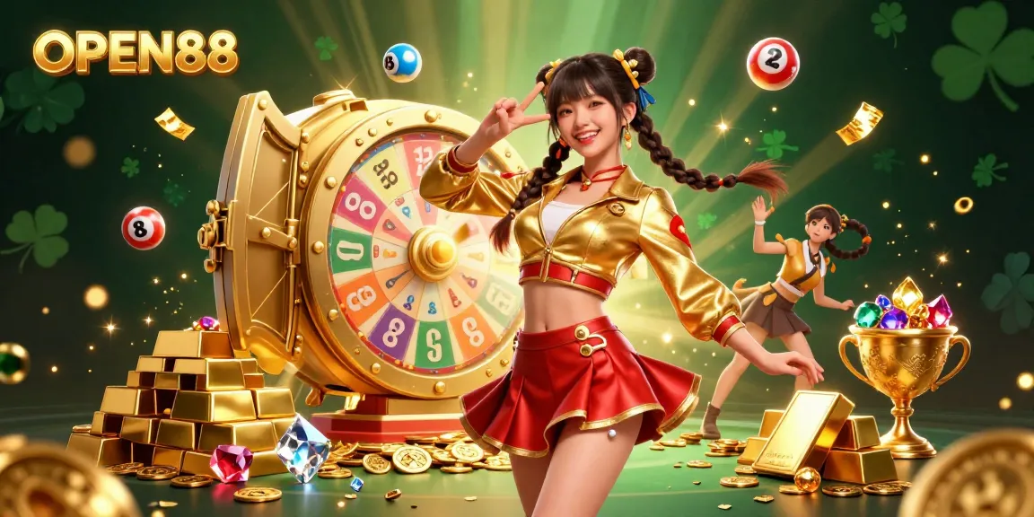 Engage with OPEN88 casino's vibrant gaming atmosphere featuring a joyful Asian woman amidst lottery balls and treasure.