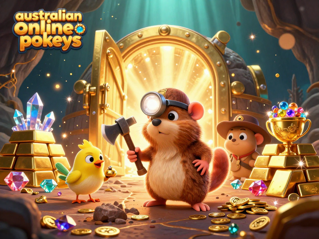 Experience thrilling australian online pokies with our treasure hunter mole in a vibrant casino scene.