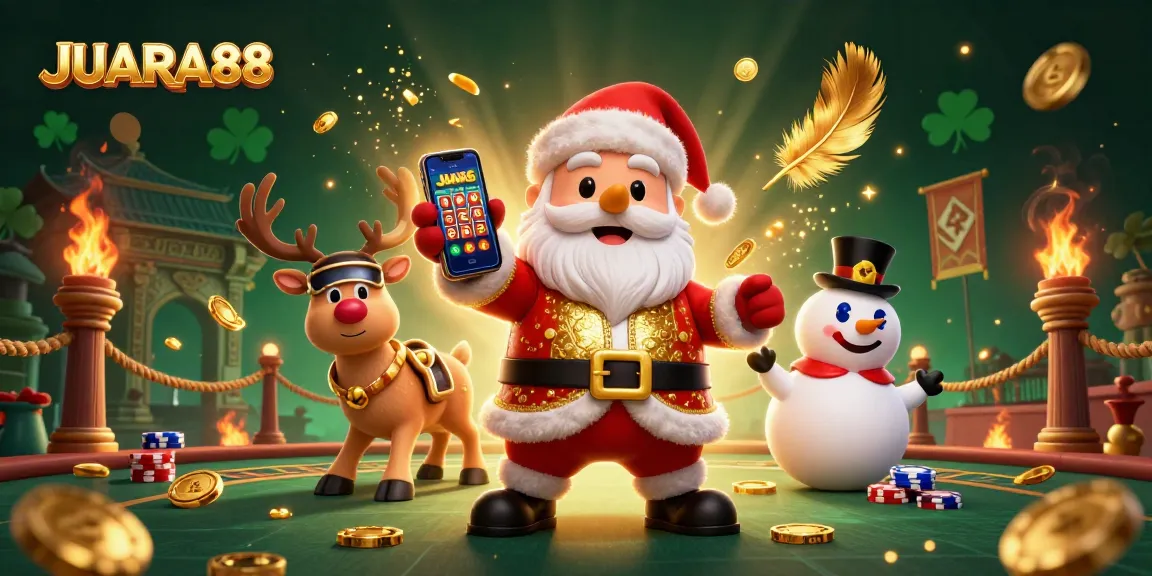 JUARA88 showcases Santa Claus and friends celebrating jackpots in a vibrant casino scene.