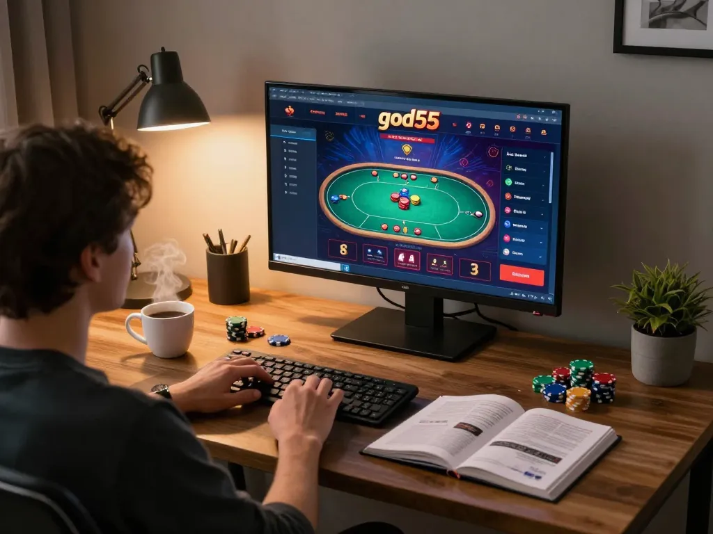 Engaging with the god55 casino online interface during an exciting poker game.