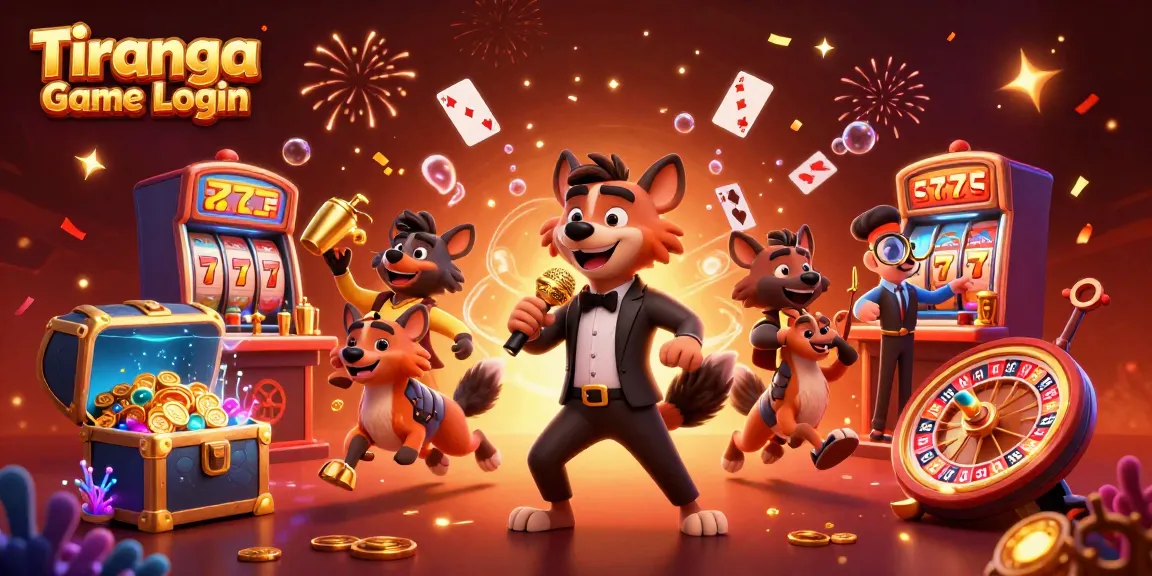 Tiranga Game Login scene with hyenas in a comedy casino environment featuring games and vibrant elements.