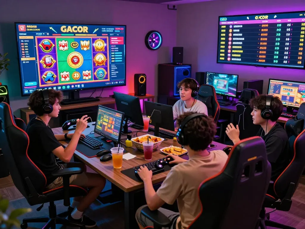 Players enjoying a lively discussion in a colorful slot gacor gaming environment, showcasing excitement and camaraderie.
