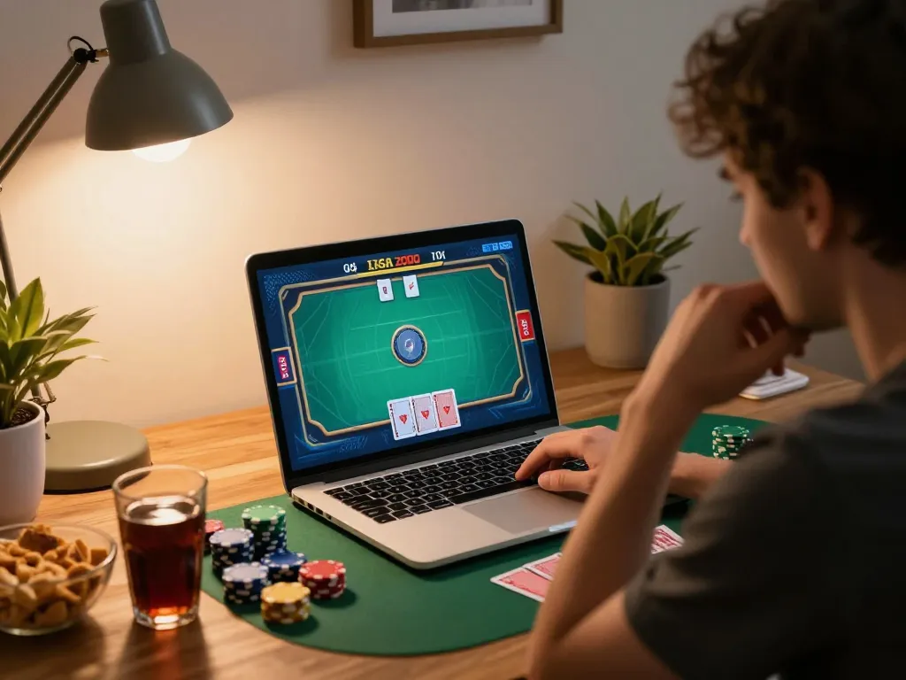 LIGA2000 online player contemplating strategy during a home poker game