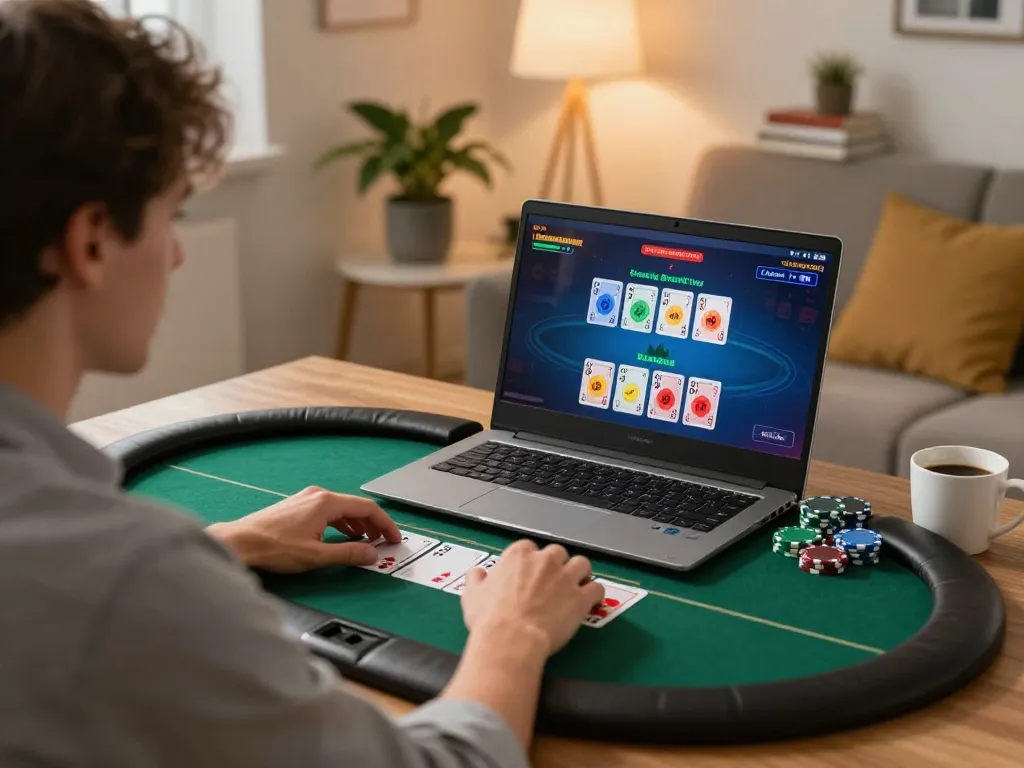 Engaging online poker gameplay at 8KBET, showcasing player strategy amidst cozy home setting.