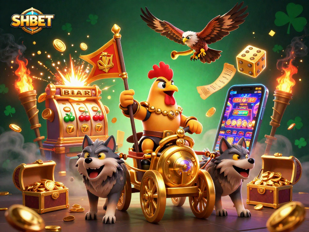 Join the excitement at SHBET with a rooster warlord and casino treasures in a dynamic 3D scene.