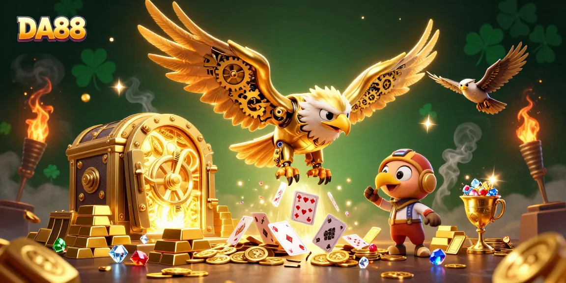 Experience thrilling action at DA88 casino with cybernetic eagle, holographic cards, and treasure galore.