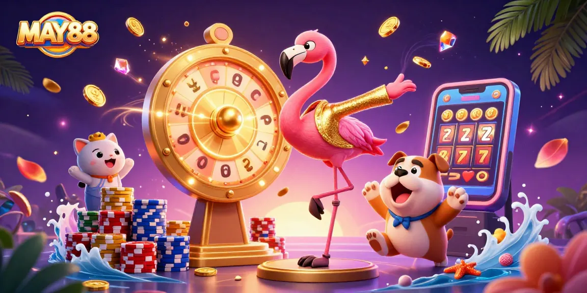 MAY88 introduces thrilling gaming experiences with a vibrant scene featuring a flamingo game show host.