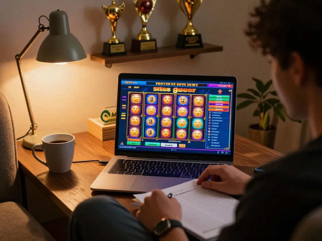 Player enjoying situs gacor slot game on a laptop in a cozy home setting, focused on winning strategies.