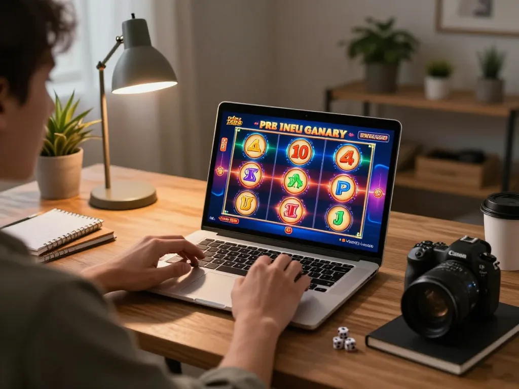 Pemain yang terlibat memutar gulungan mesin slot di laptop, menunjukkan kegembiraan perjudian online.